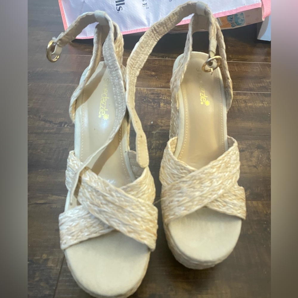 Cream Wedge Sandals with Adjustable Strap